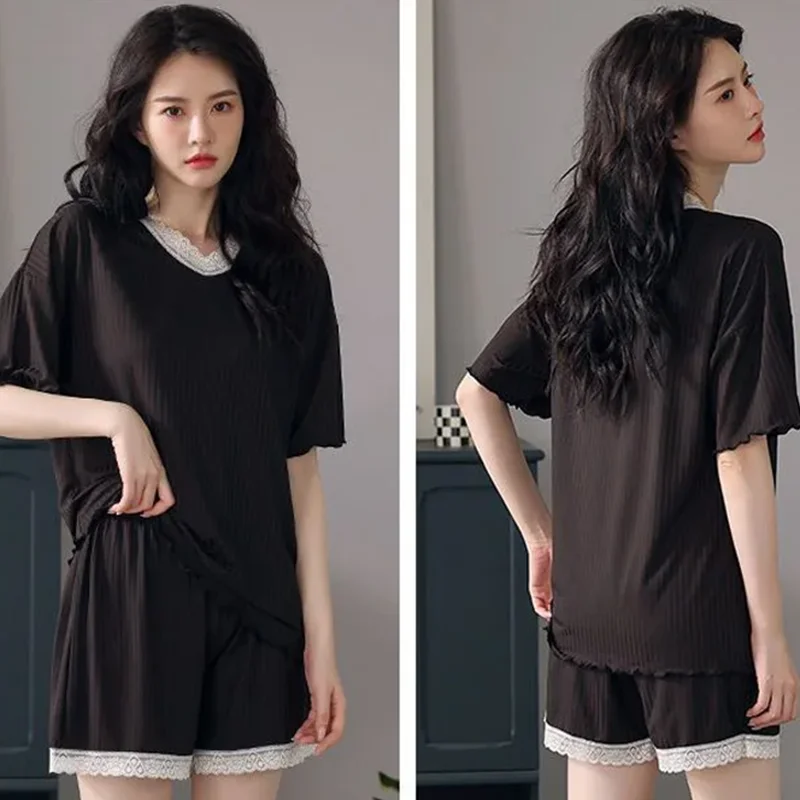 Summer Pajamas for Women Ice Silk Short-sleeved and Shorts Thin Homewear Set with Vneck Stripes and Lace Trim Soft Breathable
Summer Pajamas for Women Ice Silk Short-sleeved and Shorts Thin Homewear Set with Vneck Stripes and Lace Trim Soft Breathable