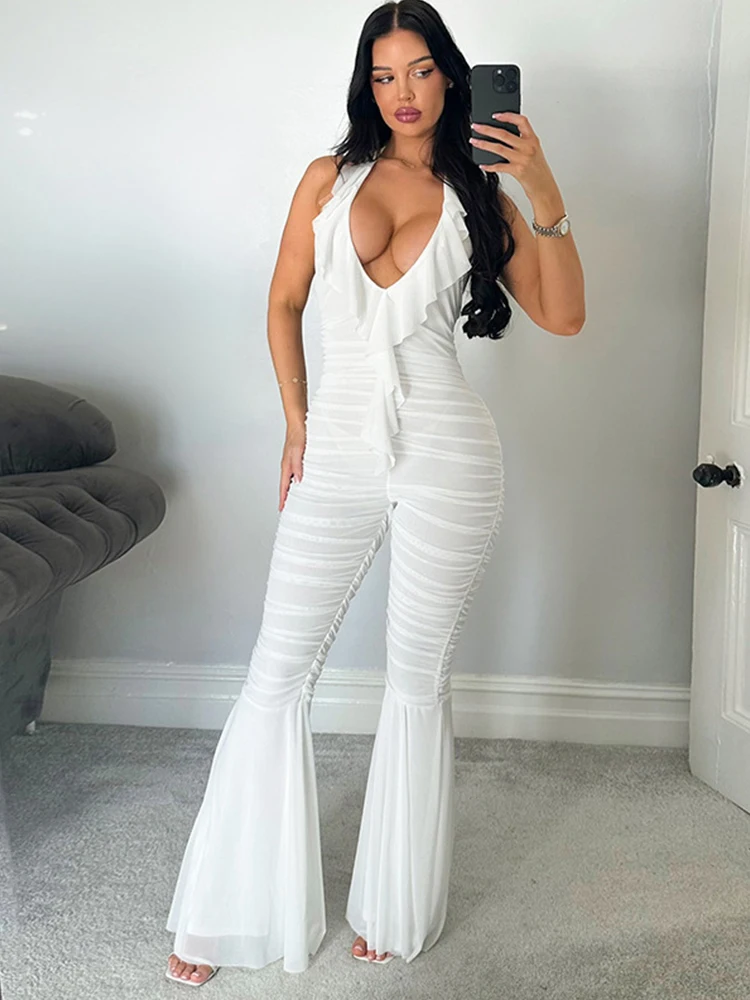 Sibybo Deep V Ruffle Flared Jumpsuits For Women Fashion White Halter Backless Sheer Rompers Female Partywear One Piece Overalls
Sibybo Deep V Ruffle Flared Jumpsuits For Women Fashion White Halter Backless Sheer Rompers Female Partywear One Piece Overalls