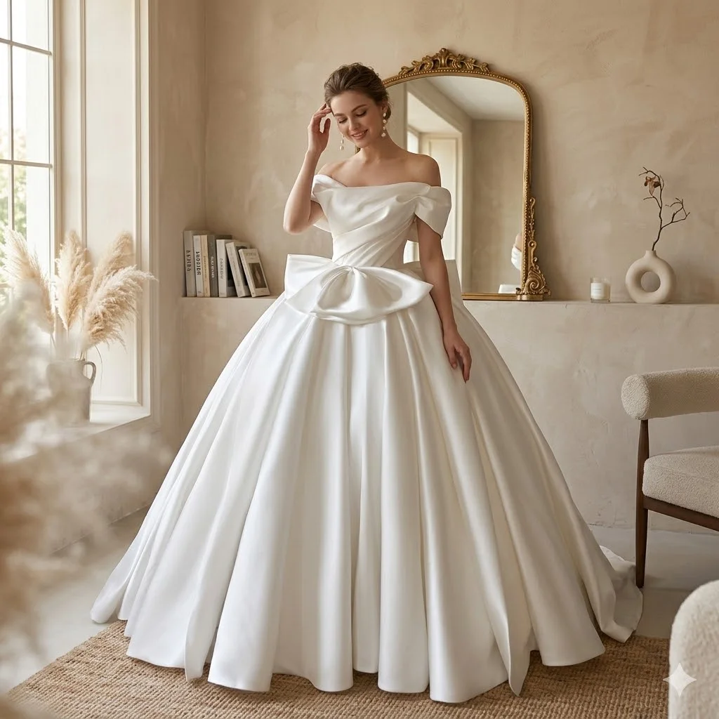 Custom Off Shoulder White Satin Ball Gown Wedding Dress 2026 with Large Bow Court Train Bridal Gown Vestido De Novia
Custom Off Shoulder White Satin Ball Gown Wedding Dress 2026 with Large Bow Court Train Bridal Gown Vestido De Novia