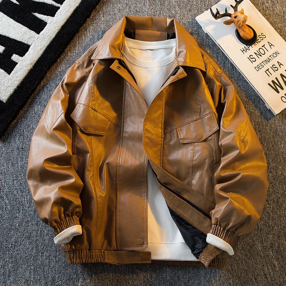 Spring and Autumn New Fashion Trend Retro Solid Color PU Leather Jacket Men's Casual Loose Sports Motorcycle Large Size Coat
Spring and Autumn New Fashion Trend Retro Solid Color PU Leather Jacket Men's Casual Loose Sports Motorcycle Large Size Coat