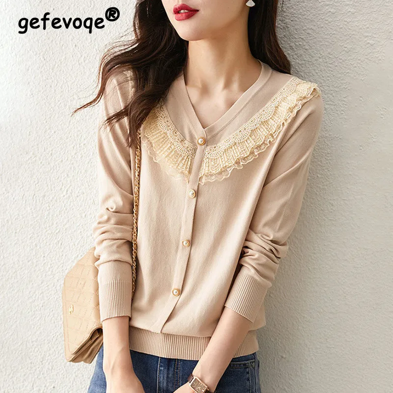 Korean Style Elegant Chic Lace Slim Knitted Sweaters for Women Fashion 2022 Spring Autumn V Neck Long Sleeve Pullover Top Jumper
Korean Style Elegant Chic Lace Slim Knitted Sweaters for Women Fashion 2022 Spring Autumn V Neck Long Sleeve Pullover Top Jumper