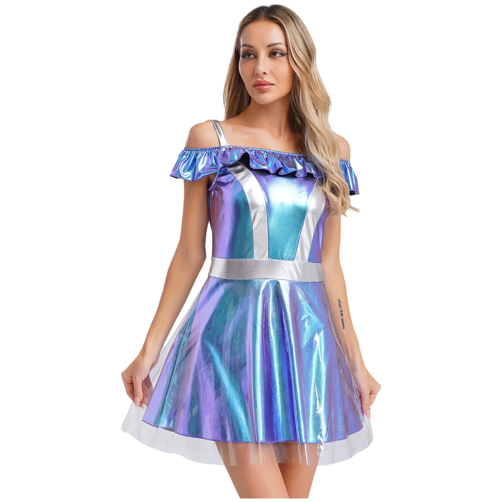 Womens Space Fighter Alien Dress-up Costume Cold Shoulder Sleeveless Metallic Shiny Tutu Dress for Halloween Carnival Party
Womens Space Fighter Alien Dress-up Costume Cold Shoulder Sleeveless Metallic Shiny Tutu Dress for Halloween Carnival Party