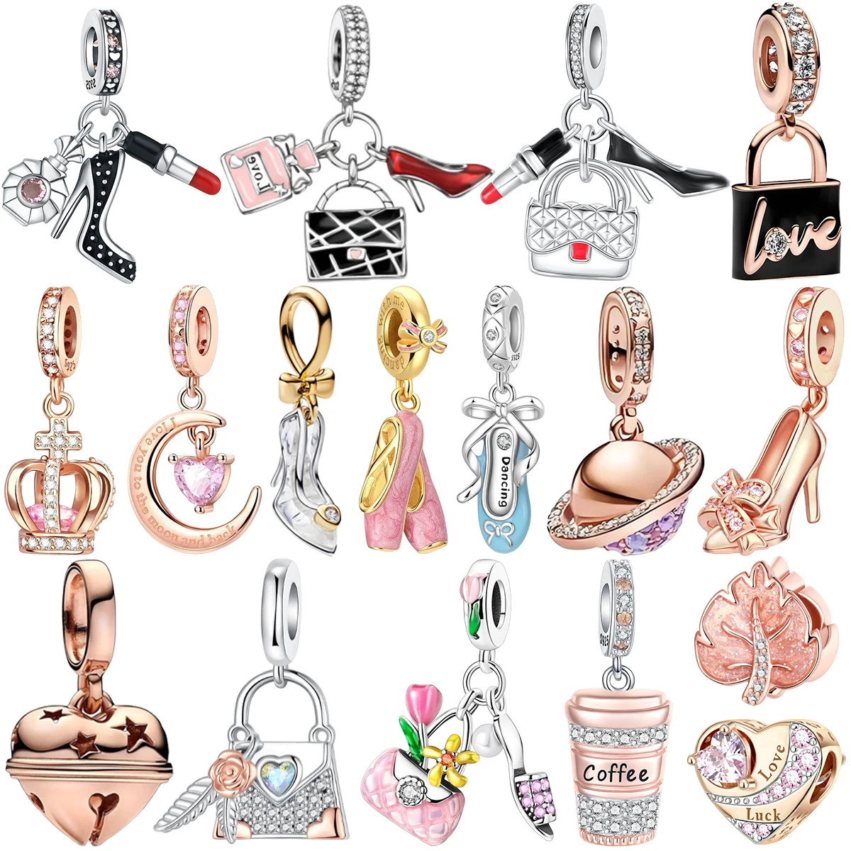 New 925 Silver Cute Rose Gold Stiletto Heel Lipstick Bag Set Ballet Pointe Shoe Crown Girl Gift Charms Beads Fit Bracelet Decor
New 925 Silver Cute Rose Gold Stiletto Heel Lipstick Bag Set Ballet Pointe Shoe Crown Girl Gift Charms Beads Fit Bracelet Decor