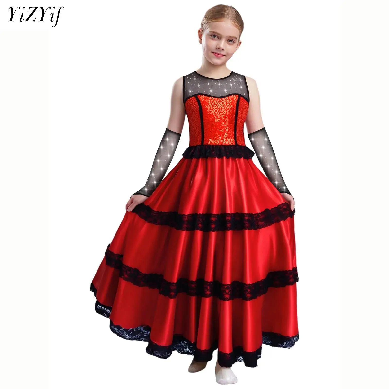 Girls Spanish Flamenco Dance Dress Sleeveless Tiered Lace Trim Dress Classic Flamengo Gypsy Dress Dancewear Performance Costume
Girls Spanish Flamenco Dance Dress Sleeveless Tiered Lace Trim Dress Classic Flamengo Gypsy Dress Dancewear Performance Costume