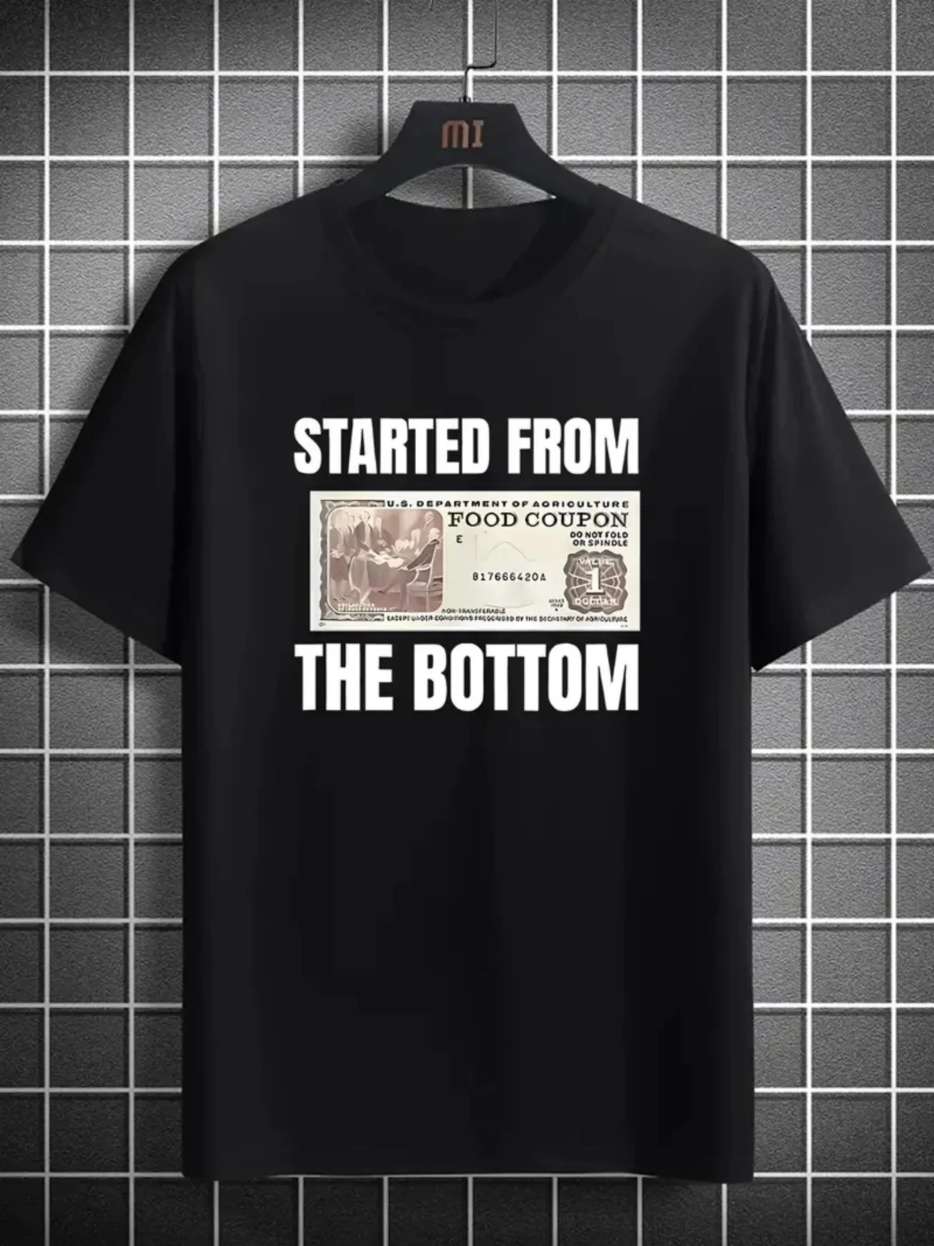 Vintage-Inspired 'Started From The Bottom' Food Stamp Graphic Tee - 100% Cotton Casual T-Shirt, Breathable & Moisture-Wicking
Vintage-Inspired 'Started From The Bottom' Food Stamp Graphic Tee - 100% Cotton Casual T-Shirt, Breathable & Moisture-Wicking