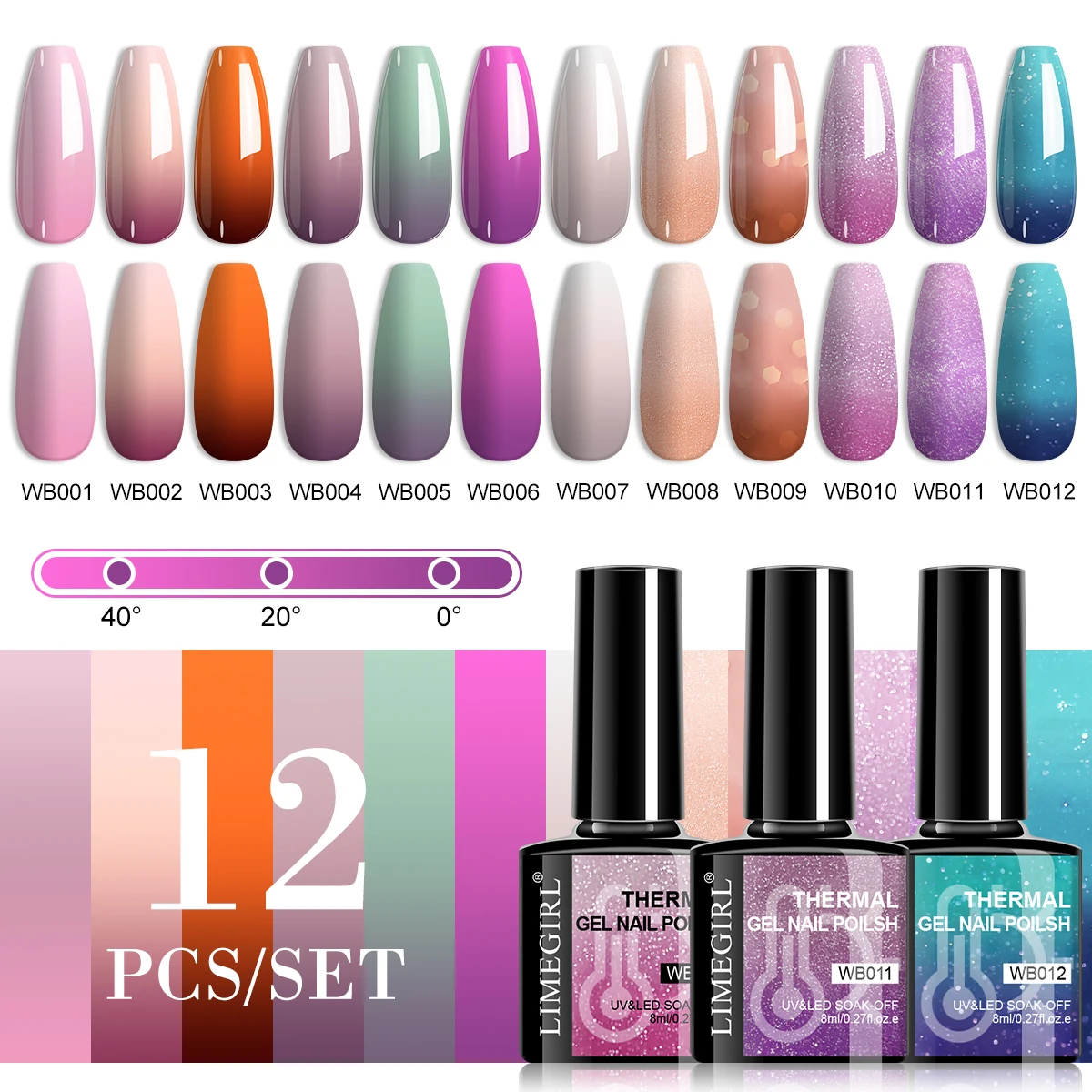 LIMEGIRL Thermal Gel Nail Polish 12 Colors Glitter Mood Temperature Change Nail Polish Gel Nails Art Gel DIY Salon Manicure Gift
LIMEGIRL Thermal Gel Nail Polish 12 Colors Glitter Mood Temperature Change Nail Polish Gel Nails Art Gel DIY Salon Manicure Gift