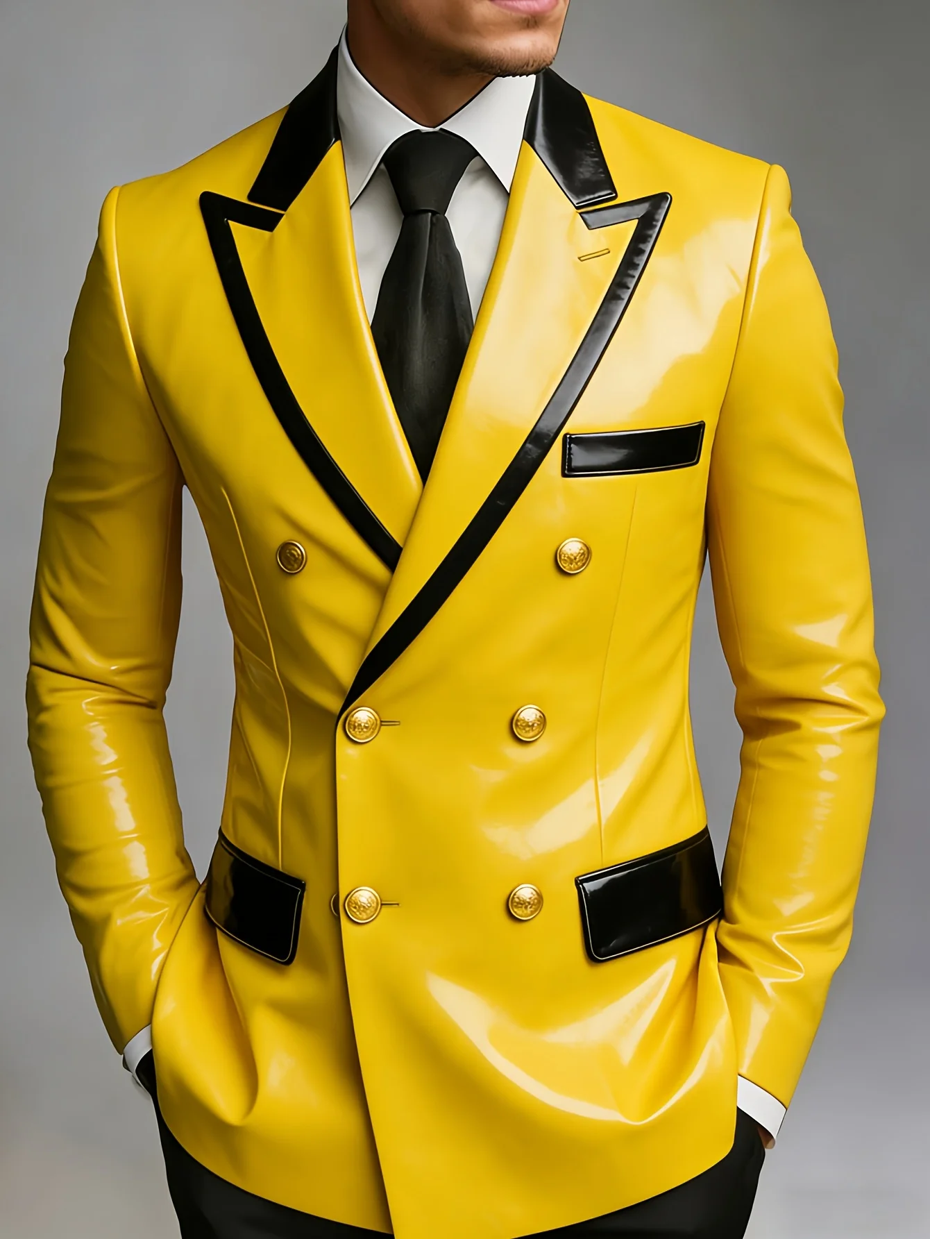 Men Bright Yellow Patent Leather Double Breasted Blazer Black Gloss Lapel Pocket Trim Gold Buttons Slim Fit Stage Party Formal T
Men Bright Yellow Patent Leather Double Breasted Blazer Black Gloss Lapel Pocket Trim Gold Buttons Slim Fit Stage Party Formal T