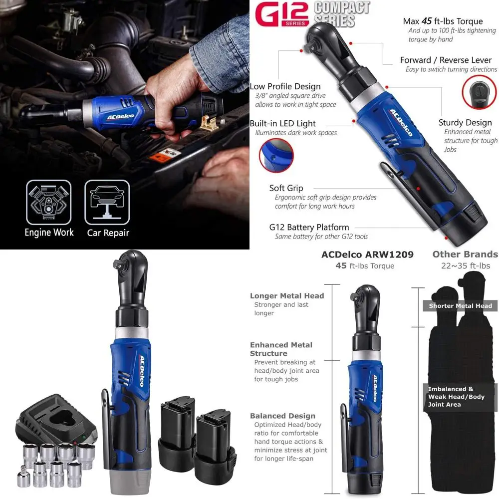 12V Lithium-Ion 3/8 45 ft-lbs Cordless Ratchet Wrench Kit with 2 Batteries
12V Lithium-Ion 3/8 45 ft-lbs Cordless Ratchet Wrench Kit with 2 Batteries