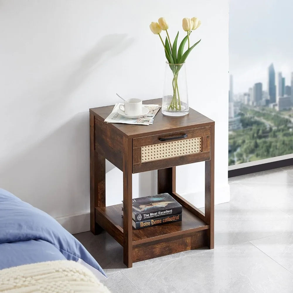Modern Rattan Weave End Table with Drawer - Rustic Brown - Living Room & Bedroom Side Table, MDF & Aluminum Alloy
Modern Rattan Weave End Table with Drawer - Rustic Brown - Living Room & Bedroom Side Table, MDF & Aluminum Alloy