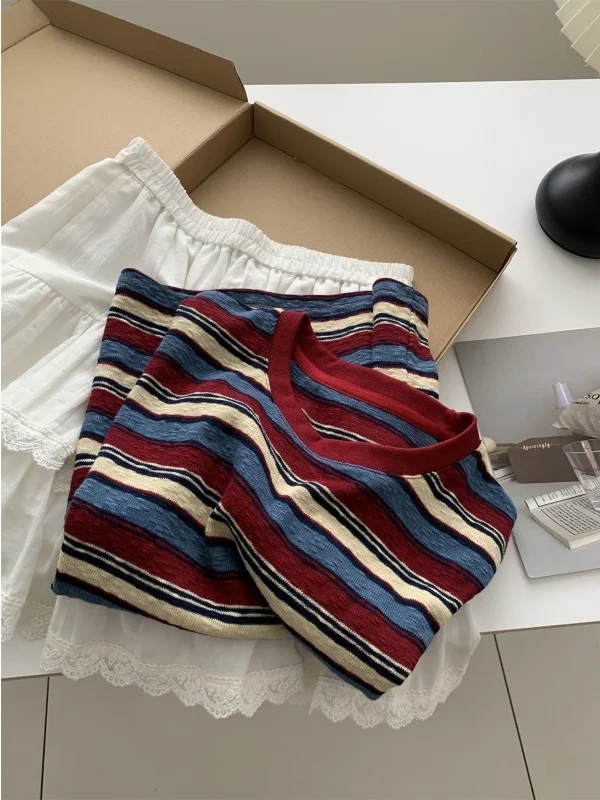Retro Red Blue Stripes Women's T-shirt round Neck Short Sleeve Breathable Texture Spring Summer Style Base Shirt Commute Style
Retro Red Blue Stripes Women's T-shirt round Neck Short Sleeve Breathable Texture Spring Summer Style Base Shirt Commute Style
