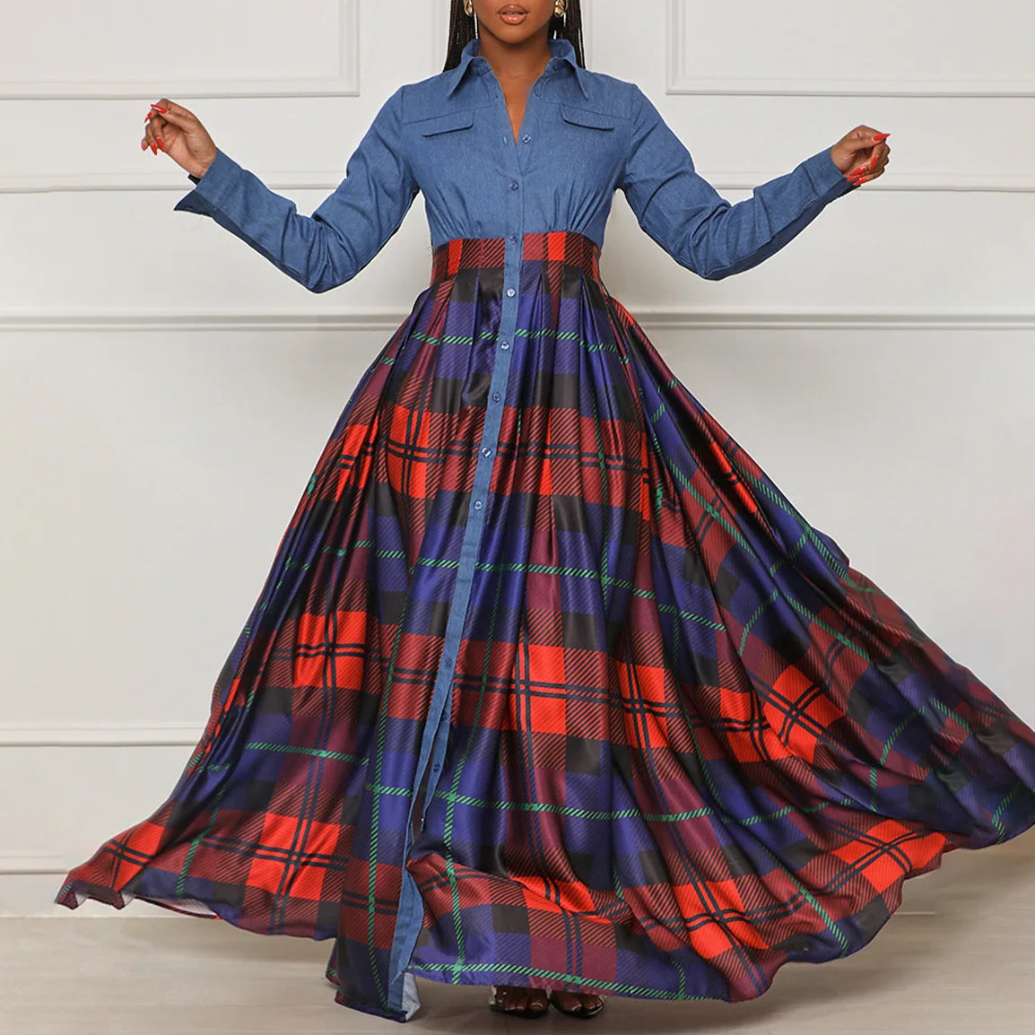 Sual Splicing Printed Plaid Waist-tightening Floor Long-sleeved Dress For Women Spring Loose Button Pocket Dress For Women
Sual Splicing Printed Plaid Waist-tightening Floor Long-sleeved Dress For Women Spring Loose Button Pocket Dress For Women