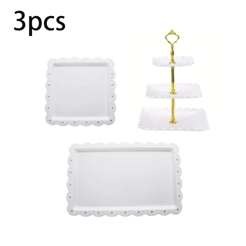 3pcs tray set white PP material heart-shaped lace square rectangular tray+3-layer gold rod cupcake rack for bakery coffee shop.
3pcs tray set white PP material heart-shaped lace square rectangular tray+3-layer gold rod cupcake rack for bakery coffee shop.