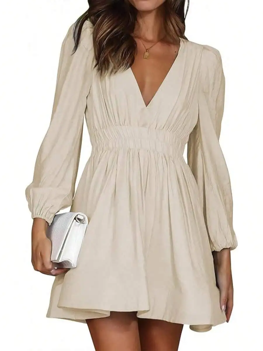 Deep V Long Sleeve A-Line High Waisted Flowy Dress Women Casual Swing Dress
Deep V Long Sleeve A-Line High Waisted Flowy Dress Women Casual Swing Dress
