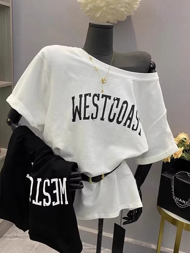 Summer Women's Skew Neck Short Sleeve T-shirt New Fashionable Loose Printed Letter Off Shoulder Short Sleeve T-shirt Top C265
Summer Women's Skew Neck Short Sleeve T-shirt New Fashionable Loose Printed Letter Off Shoulder Short Sleeve T-shirt Top C265