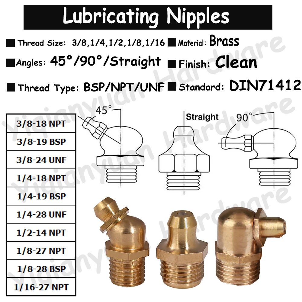 Yiqianyuan DIN71412 1/8 дюйма 3/8 дюйма 1/4 дюйма 1/2 дюйма 1/16 дюйма BSP NPT UNF резьба латунные смазочные ниппели 45 90 прямые фитинги для рытья
Yiqianyuan DIN71412 1/8 дюйма 3/8 дюйма 1/4 дюйма 1/2 дюйма 1/16 дюйма BSP NPT UNF резьба латунные смазочные ниппели 45 90 прямые фитинги для рытья