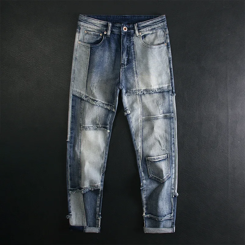 Splicing denim jeans for men with worn-out tassels, fashionable personality, trendy stretch, retro slim fit, small leg pants
Splicing denim jeans for men with worn-out tassels, fashionable personality, trendy stretch, retro slim fit, small leg pants