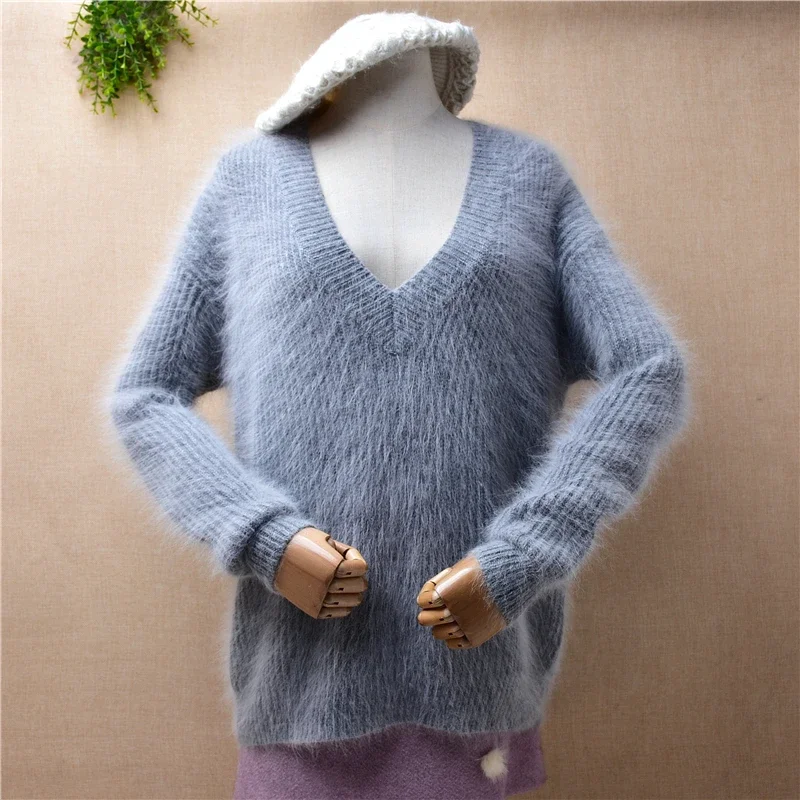 Female Women Fall Winter Clothing Grey Striped Hairy Angora Rabbit Hair Knitted Long Sleeves V-Neck Loose Pullover Sweater Pull
Female Women Fall Winter Clothing Grey Striped Hairy Angora Rabbit Hair Knitted Long Sleeves V-Neck Loose Pullover Sweater Pull