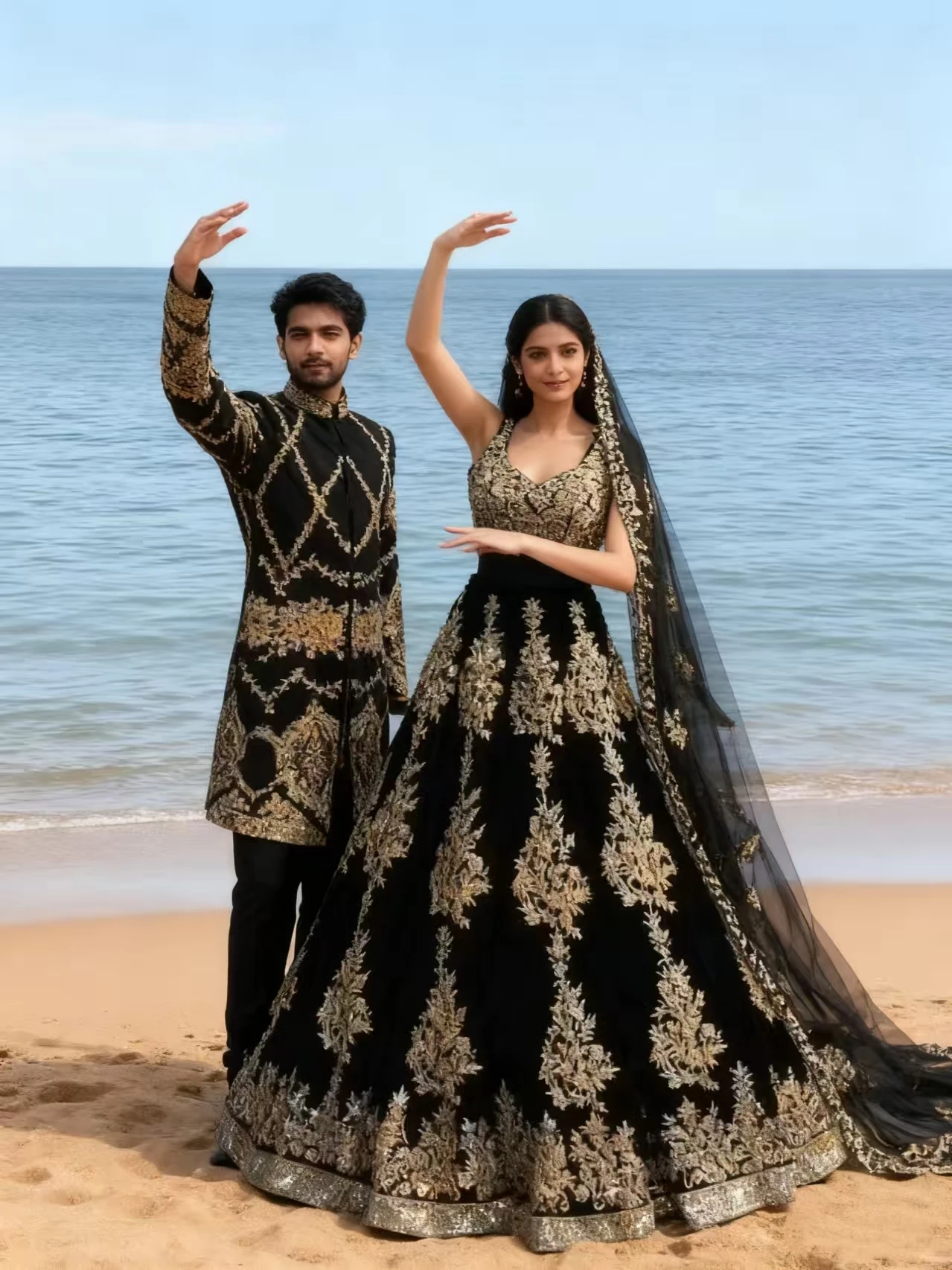 Luxury Middle East Evening Black Indian Saree Gold Beaded Applique Custom Two Piece Exquisite Bridal Dresses vestidos de fiesta
Luxury Middle East Evening Black Indian Saree Gold Beaded Applique Custom Two Piece Exquisite Bridal Dresses vestidos de fiesta