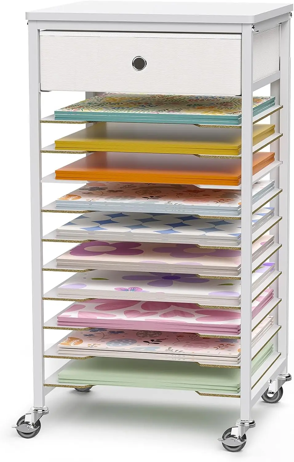 10 Tier Rolling Paper Storage Cart with Drawer, 12x12 Organizer for Craft Room
10 Tier Rolling Paper Storage Cart with Drawer, 12x12 Organizer for Craft Room