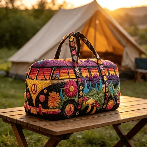 Vintage Hippie Camper Bus Quilted Duffel Bag, Floral Bohemian Travel Weekender Bag, Retro Rainbow Large Capacity Gym Tote with Shoulder Strap