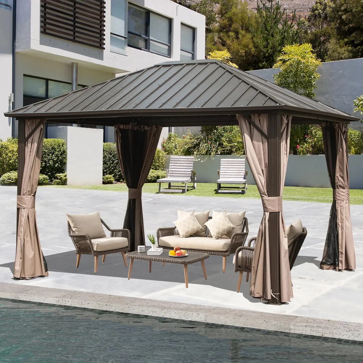 10x12FT, Metal Gazebo with Aluminum Frame, Galvanized Steel Roof, Curtains and Netting, Permanent Gazebo Pavilion for Garden
10x12FT, Metal Gazebo with Aluminum Frame, Galvanized Steel Roof, Curtains and Netting, Permanent Gazebo Pavilion for Garden
