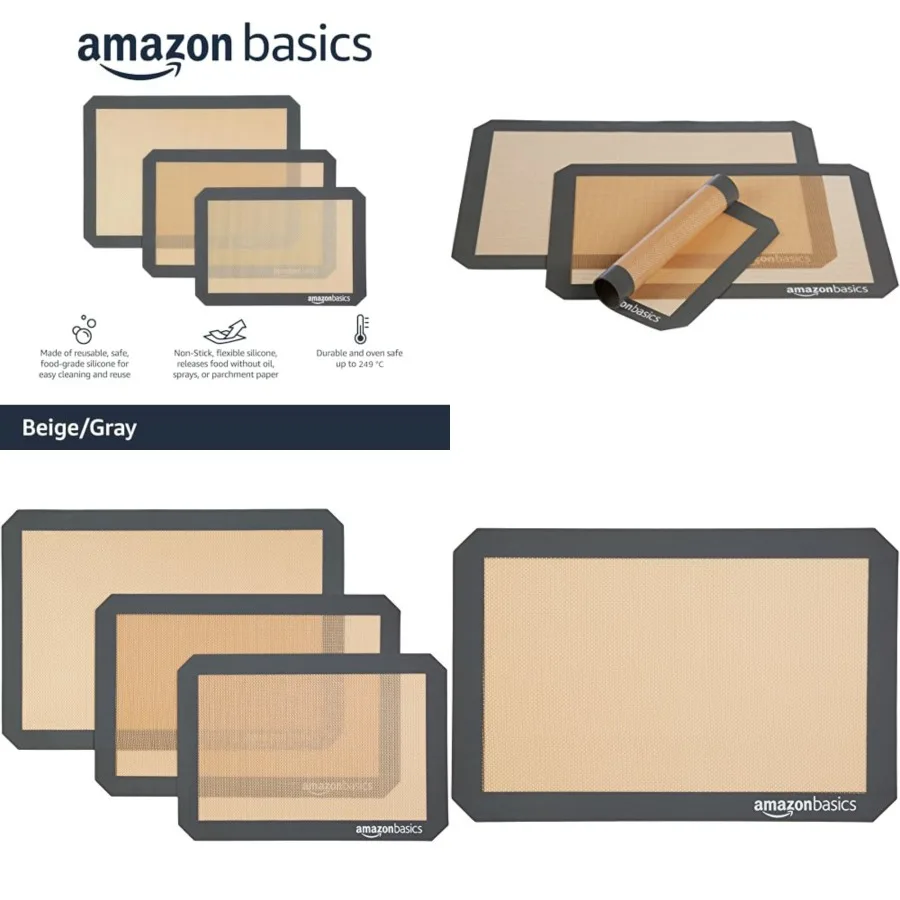 Rectangular Non-Stick Silicone Baking Mat, Food Safe, Heat Resistant, 9x13, 9.9x14.8, and 16.5x11.6, Beige/Gray, Pack of 3
Rectangular Non-Stick Silicone Baking Mat, Food Safe, Heat Resistant, 9x13, 9.9x14.8, and 16.5x11.6, Beige/Gray, Pack of 3