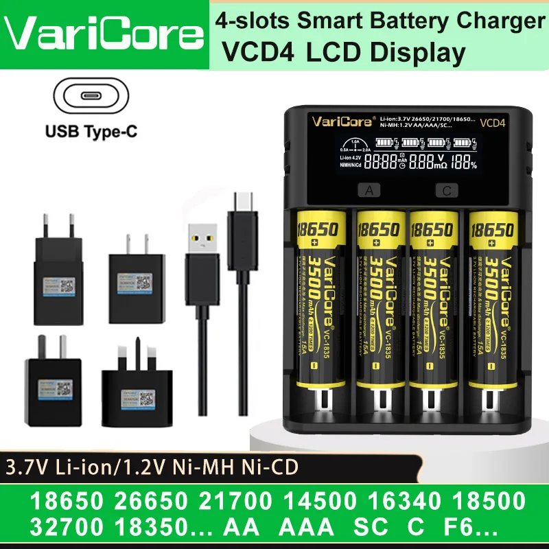 VCD4 Smart Rechargeable Battery Charger USB Type-C for 3.7V Li-ion 18650 21700 26650 3.2V LiFePO4 32700 1.2V Ni-MH AA AAA
VCD4 Smart Rechargeable Battery Charger USB Type-C for 3.7V Li-ion 18650 21700 26650 3.2V LiFePO4 32700 1.2V Ni-MH AA AAA