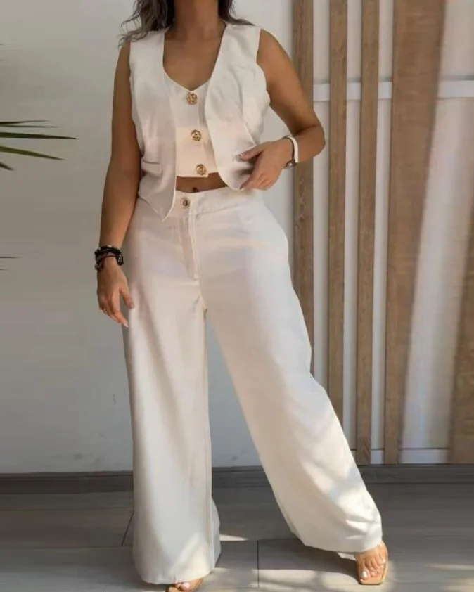Women's Suit 2025 Spring Summer Latest 2 Pieces Outfits Metal Button Decor V Neck Sleeveless Tank Top Plain Loose Fit Pants Set
Women's Suit 2025 Spring Summer Latest 2 Pieces Outfits Metal Button Decor V Neck Sleeveless Tank Top Plain Loose Fit Pants Set