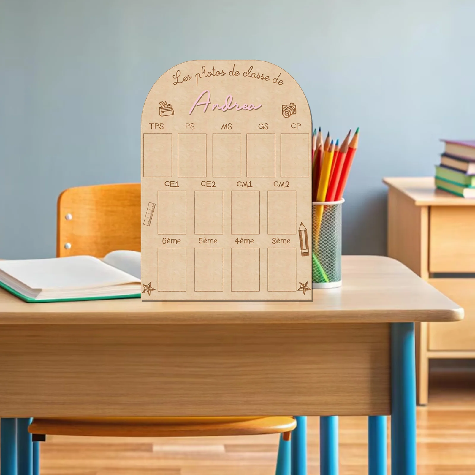 Personalized French School Photo Board - Wooden 29.5x21cm with 12 Slots, Custom Name Andrea, TPS to 3ème, 5 Color Options
Personalized French School Photo Board - Wooden 29.5x21cm with 12 Slots, Custom Name Andrea, TPS to 3ème, 5 Color Options