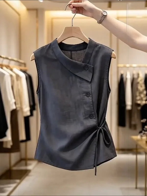 Asymmetric Sleeveless Shirt Women's Slim Fit Belted Waist Design Summer Deep Grey Commute Top French Style Fashion Trend
Asymmetric Sleeveless Shirt Women's Slim Fit Belted Waist Design Summer Deep Grey Commute Top French Style Fashion Trend