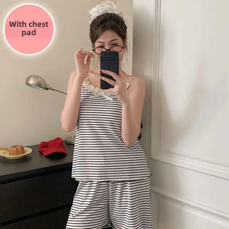 Summer Pajamas Set with Chest Pad plus size 4XL 5XL Sexy stripe Lace Sling Tops and Shorts 2 Pieces Set Sleepwear Women Homewear
Summer Pajamas Set with Chest Pad plus size 4XL 5XL Sexy stripe Lace Sling Tops and Shorts 2 Pieces Set Sleepwear Women Homewear