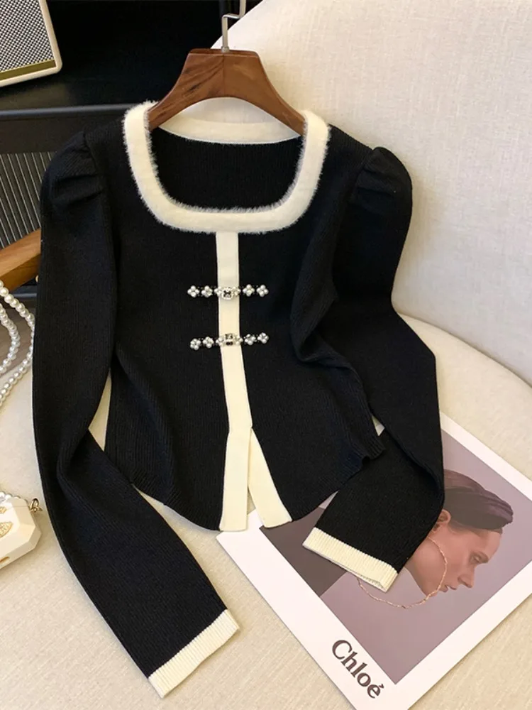 High-end Black Square Neck Knitted Pullovers Women Autumn Winter Chinese Style Frog Long Sleeve Sweater Temperament Short Tops
High-end Black Square Neck Knitted Pullovers Women Autumn Winter Chinese Style Frog Long Sleeve Sweater Temperament Short Tops