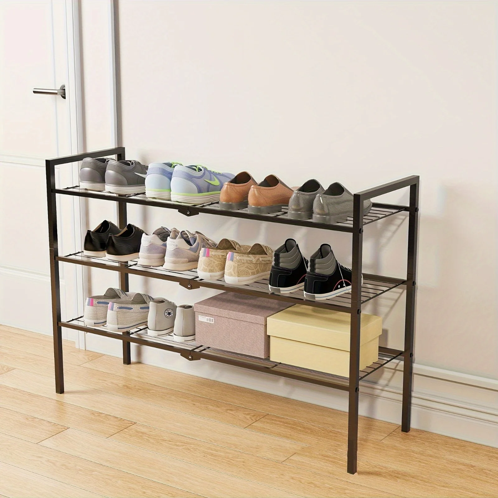 Трехуровневая черная металлическая полка для обуви, прочная, складная, широкая, для прихожей, сетчатая, функциональная конструкция, органайзер для длинной обуви
Трехуровневая черная металлическая полка для обуви, прочная, складная, широкая, для прихожей, сетчатая, функциональная конструкция, органайзер для длинной обуви