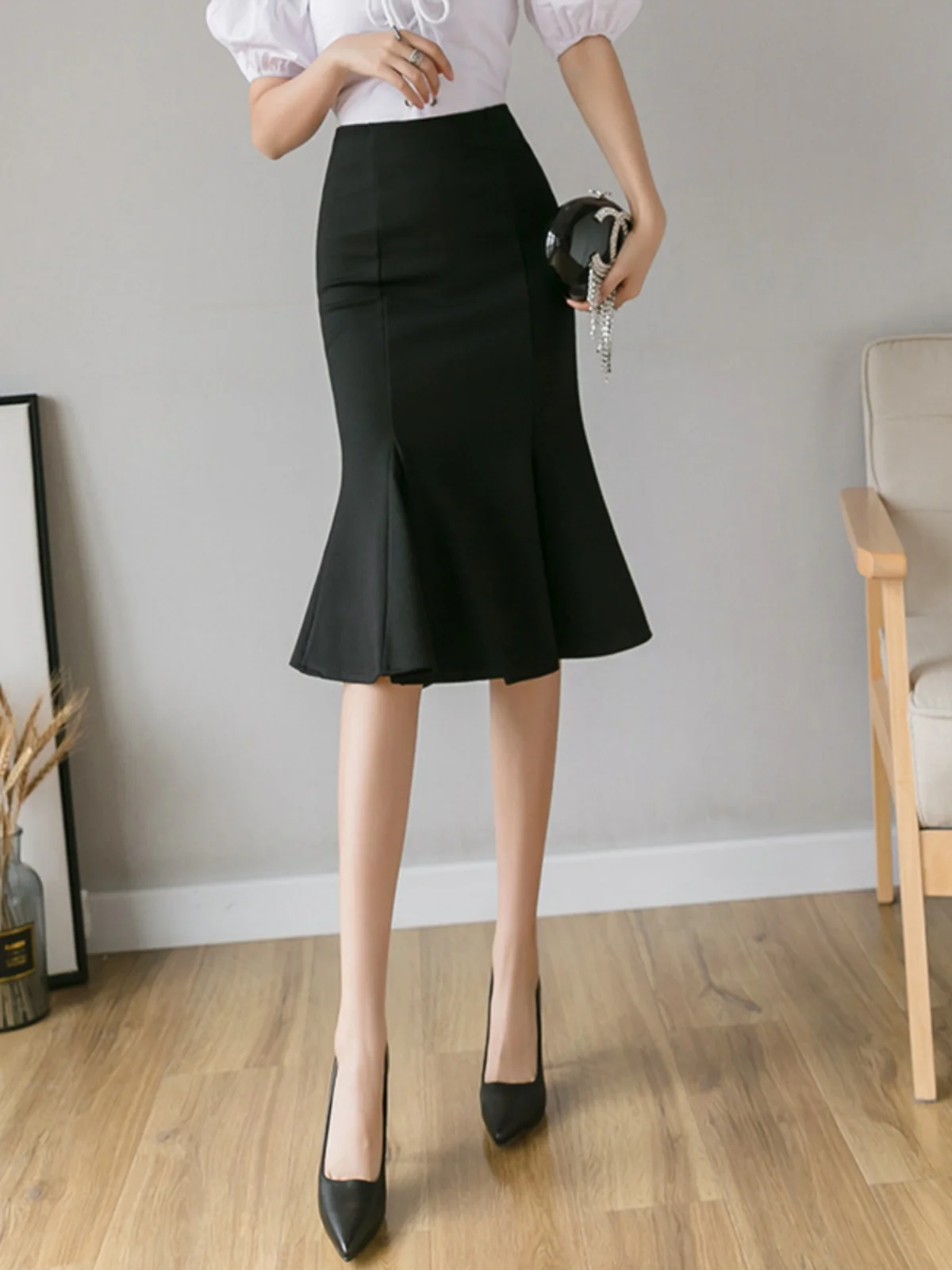 Black Elastic Half-length Skirt Summer Workwear Women's Style Pleated Fish-tail Skirt High-waist Polyester Fiber Zipper Closure
Black Elastic Half-length Skirt Summer Workwear Women's Style Pleated Fish-tail Skirt High-waist Polyester Fiber Zipper Closure