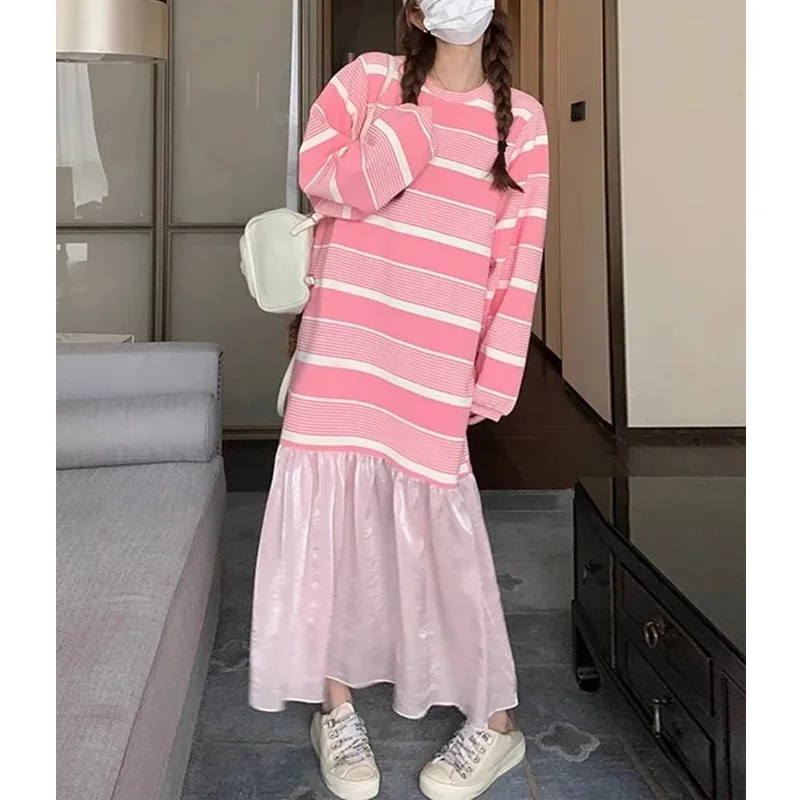 Fashion Pink Striped T Shirt Dress Spring Autumn New Long Sleeve Patchwork Loose Sweet Dresses Casual Elegant Women Clothing
Fashion Pink Striped T Shirt Dress Spring Autumn New Long Sleeve Patchwork Loose Sweet Dresses Casual Elegant Women Clothing