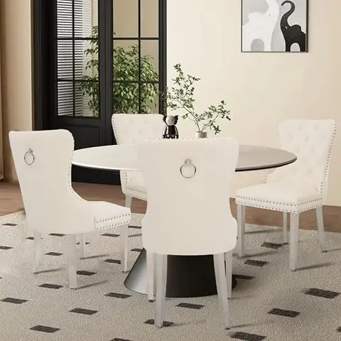 Velvet Dining Chairs Set of 4, Tufted Upholstered Dining Room Chair with Pull Ring and Stainless Steel Legs