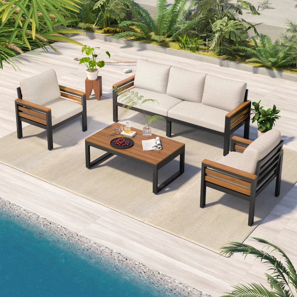 4-Piece Outdoor Furniture Sofa Set for 5 People, Patio Conversation Set with Removable Cushion and Solid Wood Coffee Table
4-Piece Outdoor Furniture Sofa Set for 5 People, Patio Conversation Set with Removable Cushion and Solid Wood Coffee Table