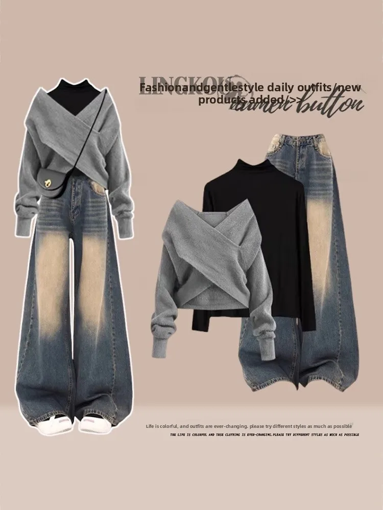 Anti-Aging plus Size Knitted Top And High Waist Wide Leg Jeans Tee-Piece Set for Women Casual Autumn Winter Faion Ensemble
Anti-Aging plus Size Knitted Top And High Waist Wide Leg Jeans Tee-Piece Set for Women Casual Autumn Winter Faion Ensemble