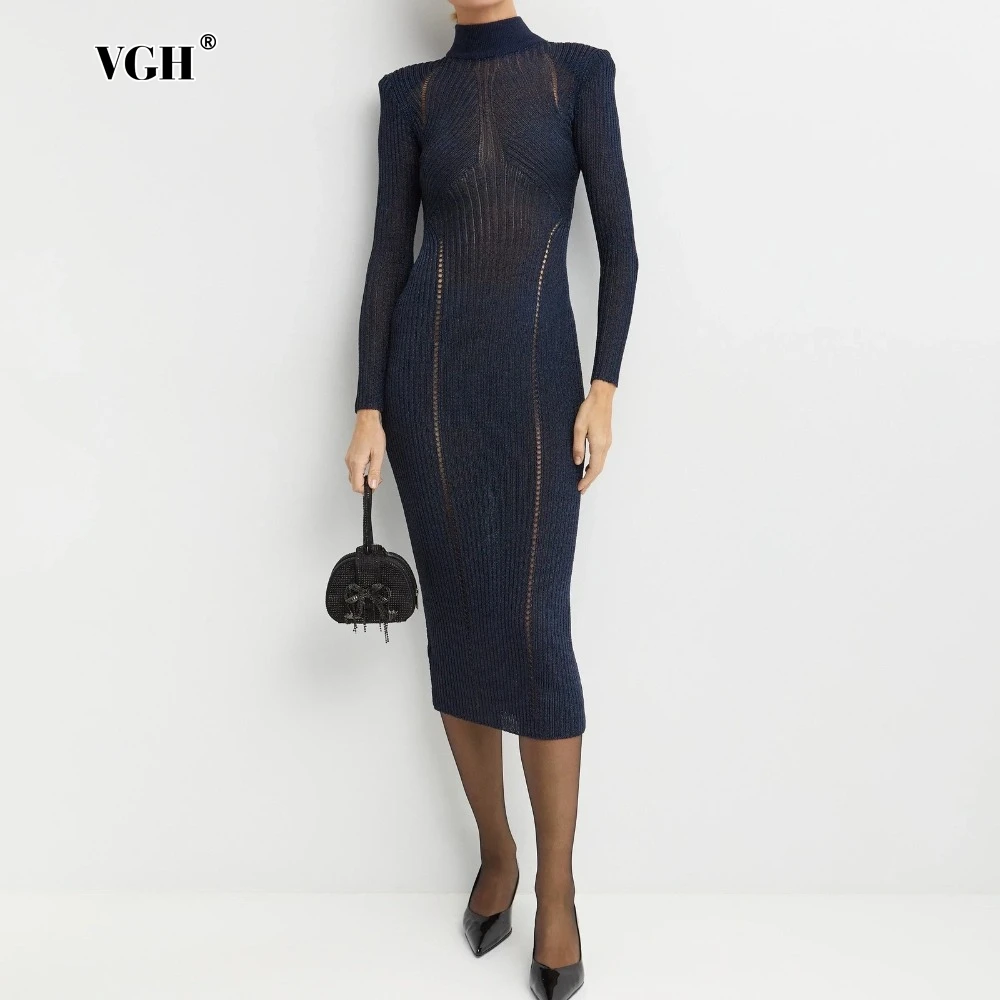 VGH Solid Color Sexy See Through Dress for Women Stand Collar Long Sleeves High Waist Patchwork Hollow Knitting Dresses Female
VGH Solid Color Sexy See Through Dress for Women Stand Collar Long Sleeves High Waist Patchwork Hollow Knitting Dresses Female