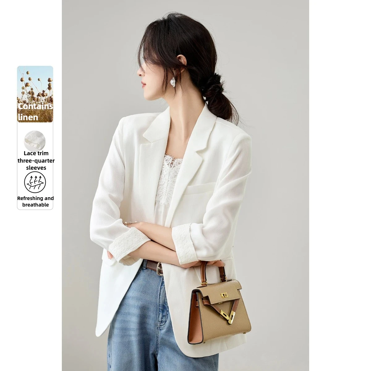 SENTUBILA Women's Office Blazer 2025 Autumn Single Button Lace Trim Cuff Three-Quarter Sleeve Loose Commuter Outwear 153XC2958
SENTUBILA Women's Office Blazer 2025 Autumn Single Button Lace Trim Cuff Three-Quarter Sleeve Loose Commuter Outwear 153XC2958