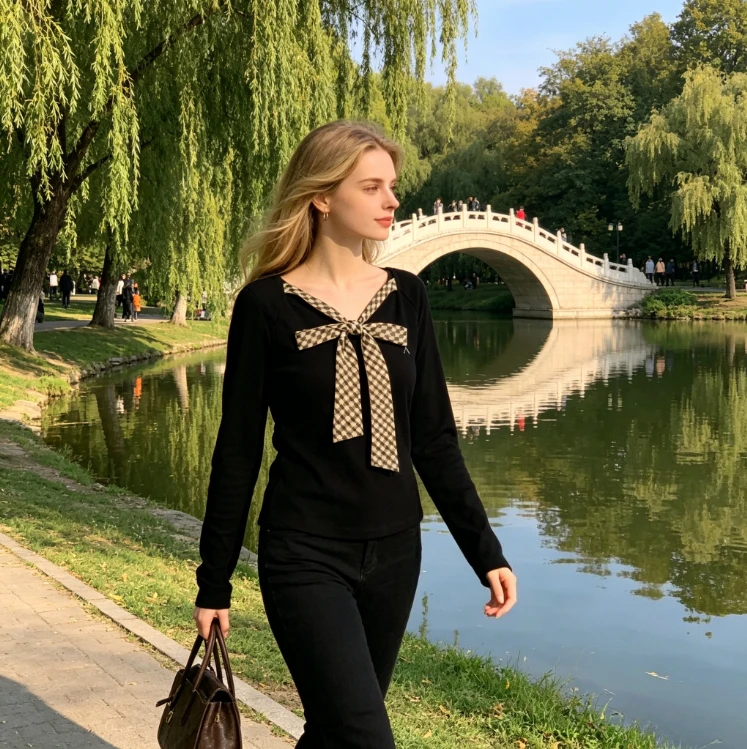 Japanese Style U Collar Silm Stretch Long Sleeves Knitting T-shirt Collar Grids Pattern Tie Back Women's Tops Spring Autumn
Japanese Style U Collar Silm Stretch Long Sleeves Knitting T-shirt Collar Grids Pattern Tie Back Women's Tops Spring Autumn