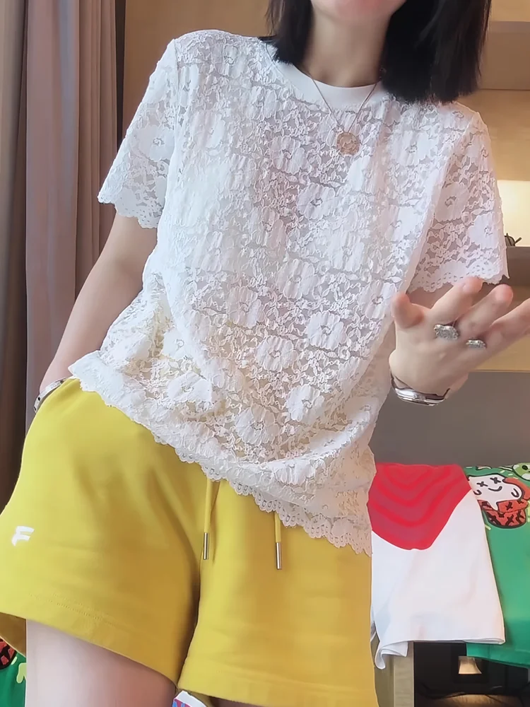 Lace Hollow out Short Sleeve T-Shirt Shorts Two Piece Set Casual Sportswear plus Size Women's Summer New Style Fashionable
Lace Hollow out Short Sleeve T-Shirt Shorts Two Piece Set Casual Sportswear plus Size Women's Summer New Style Fashionable