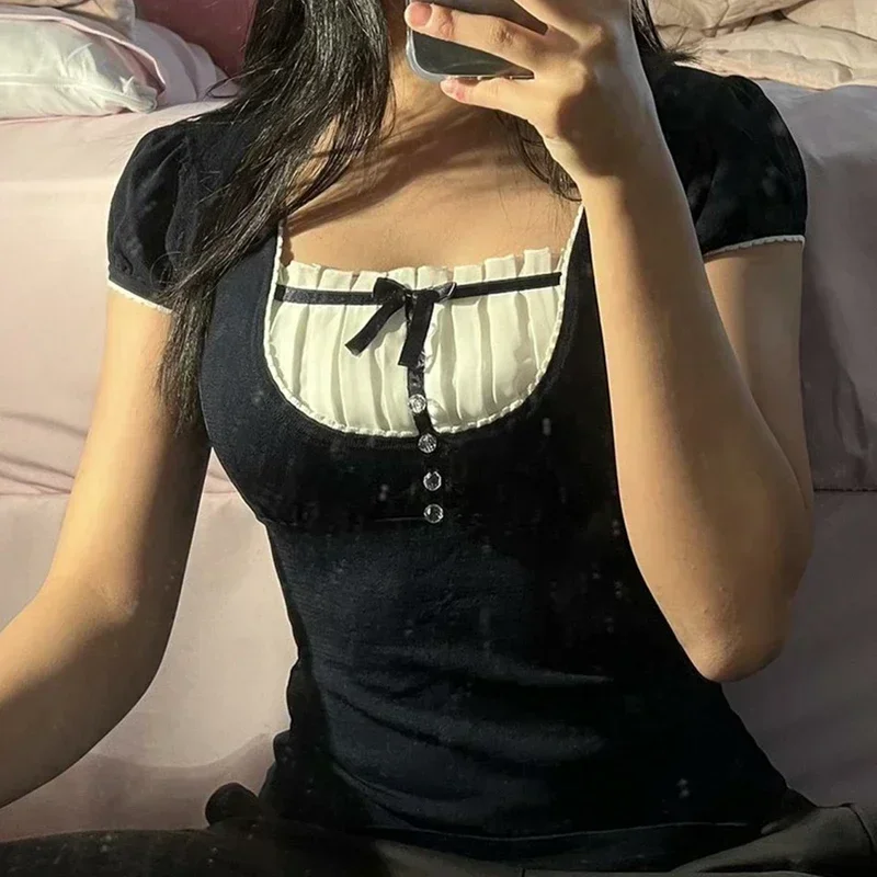 2024 Summer Vintage Bow Ruffle Patchwork T Shirt y2k Women Grunge Square Neck Aesthetic Korean Short Sleeve Crop Tops
2024 Summer Vintage Bow Ruffle Patchwork T Shirt y2k Women Grunge Square Neck Aesthetic Korean Short Sleeve Crop Tops
