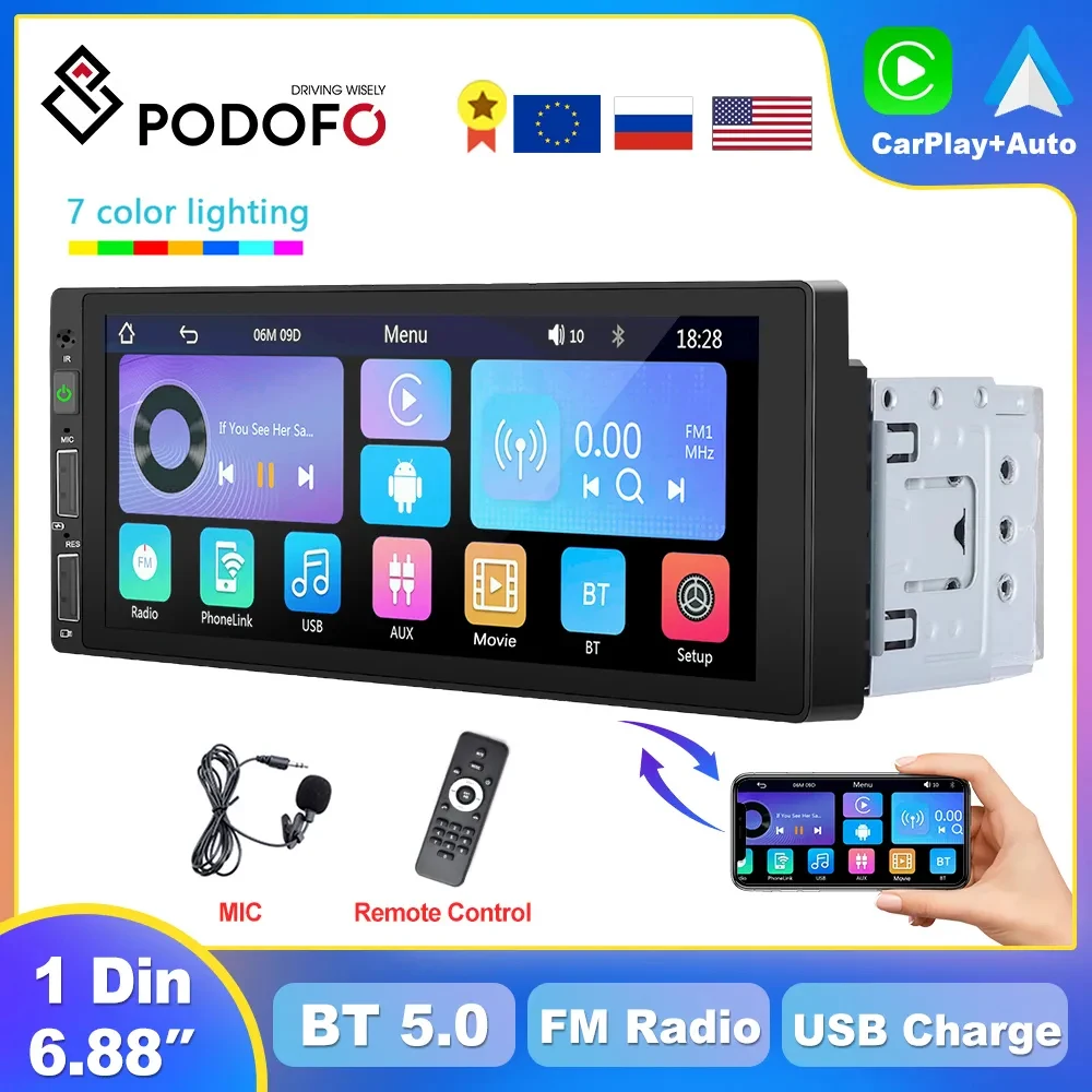 

Podofo 1din CarPlay Android Auto MP5 Multimedia Player 6.86inch Universally 1 Din Car Radio Stereo Receiver BT FM EQ Autoradio