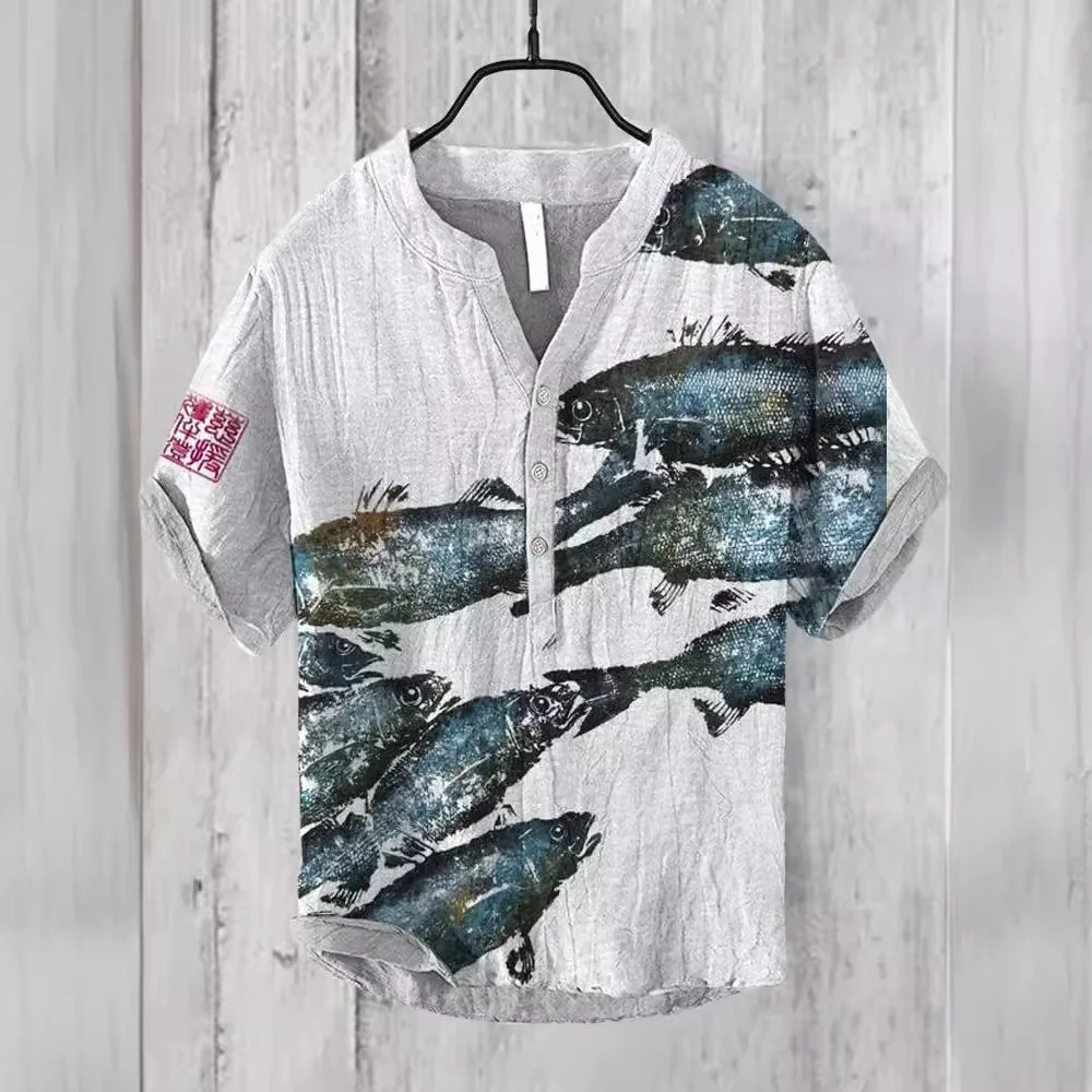 3D printed cross-border young men's short sleeved open cedar shirt, bamboo and linen stand collar loose shirt, Chinese style ser
3D printed cross-border young men's short sleeved open cedar shirt, bamboo and linen stand collar loose shirt, Chinese style ser
