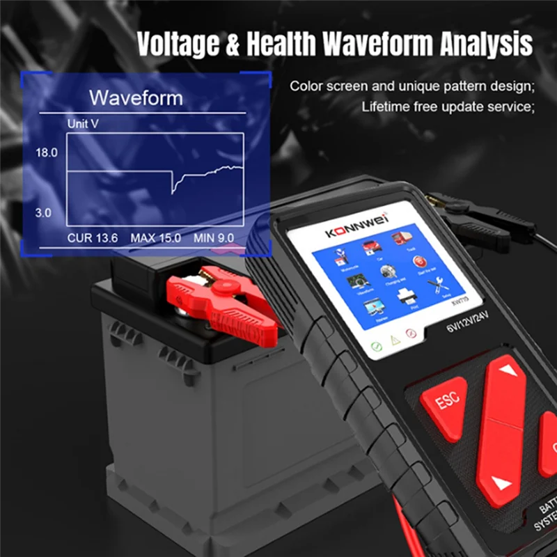 Konnwei KW710 Универсальный тестер автомобильного аккумулятора 6 В-24 В, электронный тестер автомобильного реле, диагностический инструмент для проверки автомобильного аккумулятора 
Konnwei KW710 Универсальный тестер автомобильного аккумулятора 6 В-24 В, электронный тестер автомобильного реле, диагностический инструмент для проверки автомобильного аккумулятора