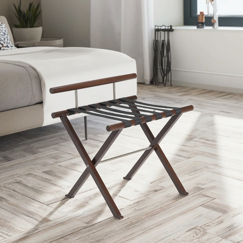 Wholesale Solid Wood Foldable Luggage Rack with Back Bar Organizer Shelf Leisure Hotel Amenities
Wholesale Solid Wood Foldable Luggage Rack with Back Bar Organizer Shelf Leisure Hotel Amenities