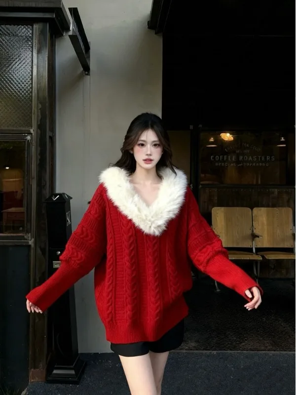 Thiened Knitted Sweater Women's V-ne Batwing Sve Faux Fur Collar Overhead Cisas Red Color Commute Sle Regular Fit
Thiened Knitted Sweater Women's V-ne Batwing Sve Faux Fur Collar Overhead Cisas Red Color Commute Sle Regular Fit