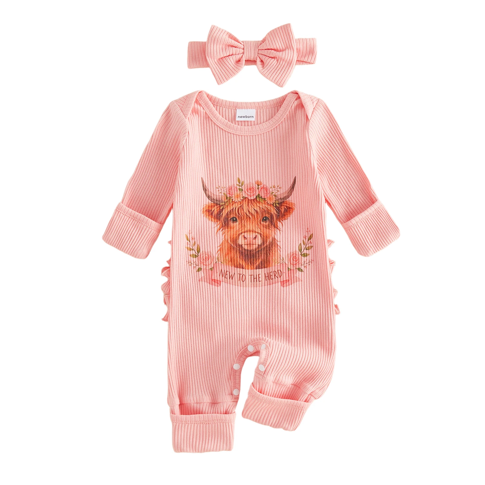 Baby Girls Fall Romper Highland Cow Print Long Sleeve Round Neck Ribbed Jumpsuit with Bow Headband
Baby Girls Fall Romper Highland Cow Print Long Sleeve Round Neck Ribbed Jumpsuit with Bow Headband