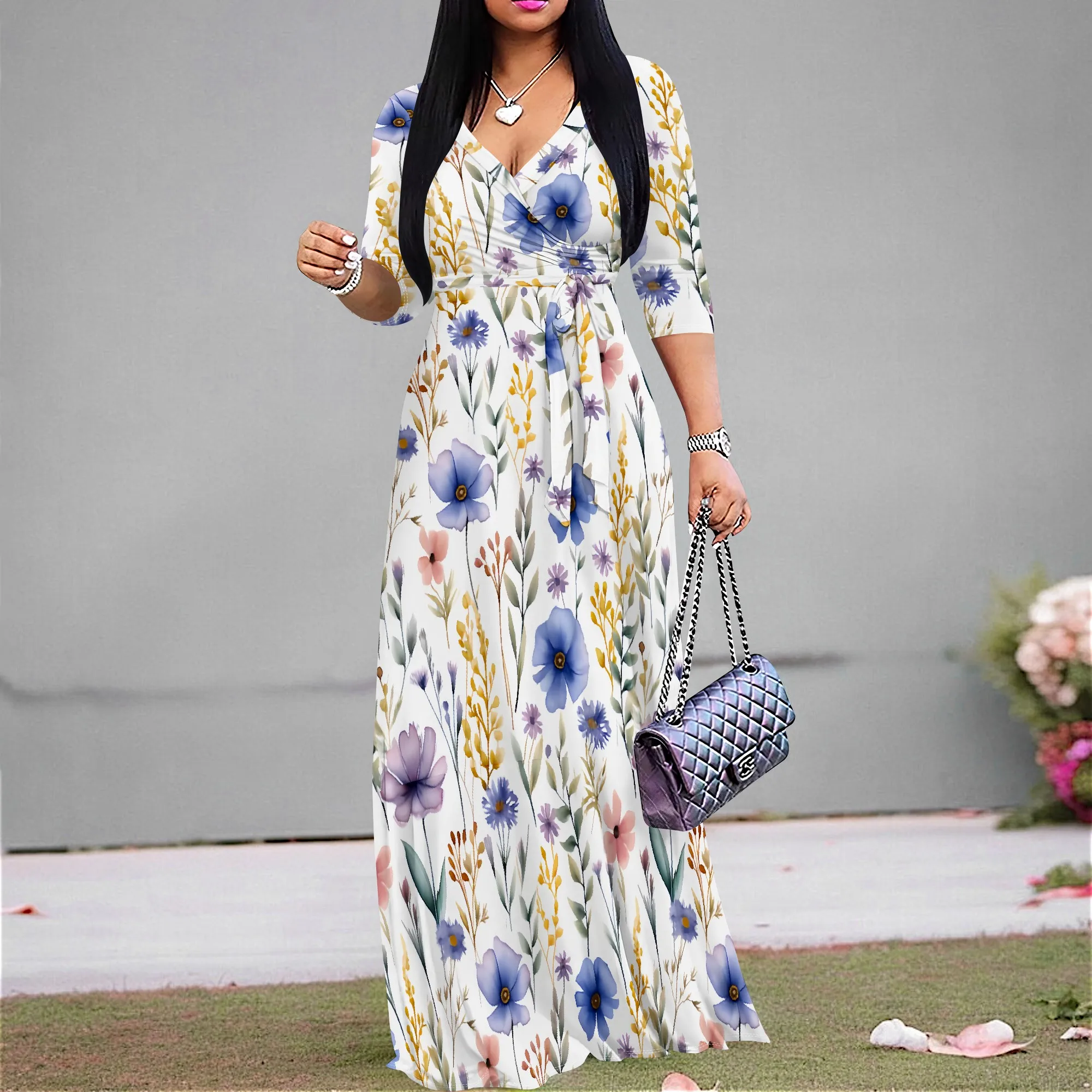Womens Flower Print Casual Long Dresses Wrap V-Neck 3/4 Sleeve Sexy Floral Maxi Dress with Belt
Womens Flower Print Casual Long Dresses Wrap V-Neck 3/4 Sleeve Sexy Floral Maxi Dress with Belt